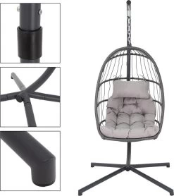 Pro Garden Lowander Hangstoel Egg 191x126x126- Schommelstoel Met Rattan Cocoon En Robuust Stalen Standaard Incl. Kussens - Volledig Inklapbaar - Lichtgrijs -Tuin Gerelateerd 1065x1200