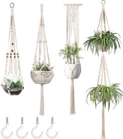 4 Stuks Plantenhangers - Boho Handgeweven Katoen Hangpot Voor Binnen/Buiten - Bloempot Met Kralen - Macramé Touw/Koord Hangplant Houder - Bohemian Wandhanger Decoratie - Verticale Tuin Plant Hanger Bloempothouder Planthanger Wit -Tuin Gerelateerd 1068x1200 1