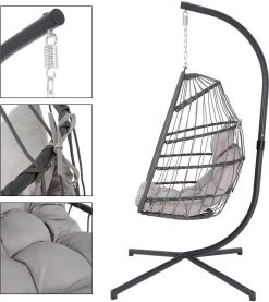 Pro Garden Lowander Hangstoel Egg 191x126x126- Schommelstoel Met Rattan Cocoon En Robuust Stalen Standaard Incl. Kussens - Volledig Inklapbaar - Lichtgrijs -Tuin Gerelateerd 1069x1200