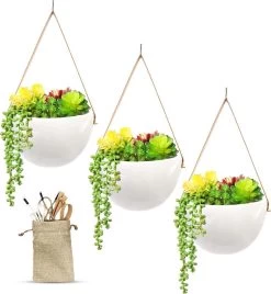 Plantenhanger Keramiek – Set Van 3 – Wit Steen- Hangpot – Hangende Bloempot Plantenpot - 3 Verschillende Koorden - 18 X 11 X 7 Cm -Tuin Gerelateerd 1106x1200 4