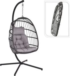 Pro Garden Lowander Hangstoel Egg 191x126x126- Schommelstoel Met Rattan Cocoon En Robuust Stalen Standaard Incl. Kussens - Volledig Inklapbaar - Lichtgrijs -Tuin Gerelateerd 1116x1200