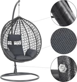 Bircim Hangstoel Ei/Egg-Vorm Met Dikke Kussens - Voor Binnen En Buiten - Incl. Standaard, Onderstel & Kussens - Antraciet -Tuin Gerelateerd 1129x1200