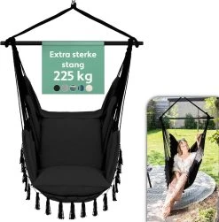 Vita5 XXL Hangstoel - Binnen&Buiten Hangnest - Incl. 2 Kussens En Boekenvak - Volwassenen&Kinderen - Hangmatstoel Tot 225kg - Zwart