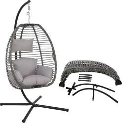 Pro Garden Lowander Hangstoel Egg 191x126x126- Schommelstoel Met Rattan Cocoon En Robuust Stalen Standaard Incl. Kussens - Volledig Inklapbaar - Lichtgrijs -Tuin Gerelateerd 1185x1200
