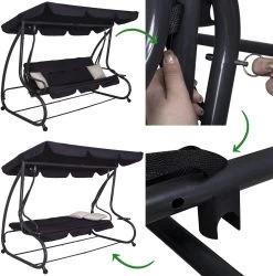 Springos Schommelbank | Linda-Schommel | 3-zits | Waterafstotend | Inclusief 2 Kussens | Verstelbare Luifel | 162 X 200 X 120 Cm | Zwart -Tuin Gerelateerd 1186x1200