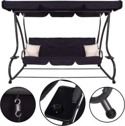 Springos Schommelbank | Linda-Schommel | 3-zits | Waterafstotend | Inclusief 2 Kussens | Verstelbare Luifel | 162 X 200 X 120 Cm | Zwart -Tuin Gerelateerd 1194x1200 1