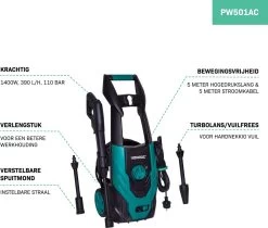 VONROC Hogedrukreiniger V14-1 - 1400W – 110 Bar – 390 L/h – Incl. 5m Slang, Spuitstukken En Accessoires -Tuin Gerelateerd 1200x1022