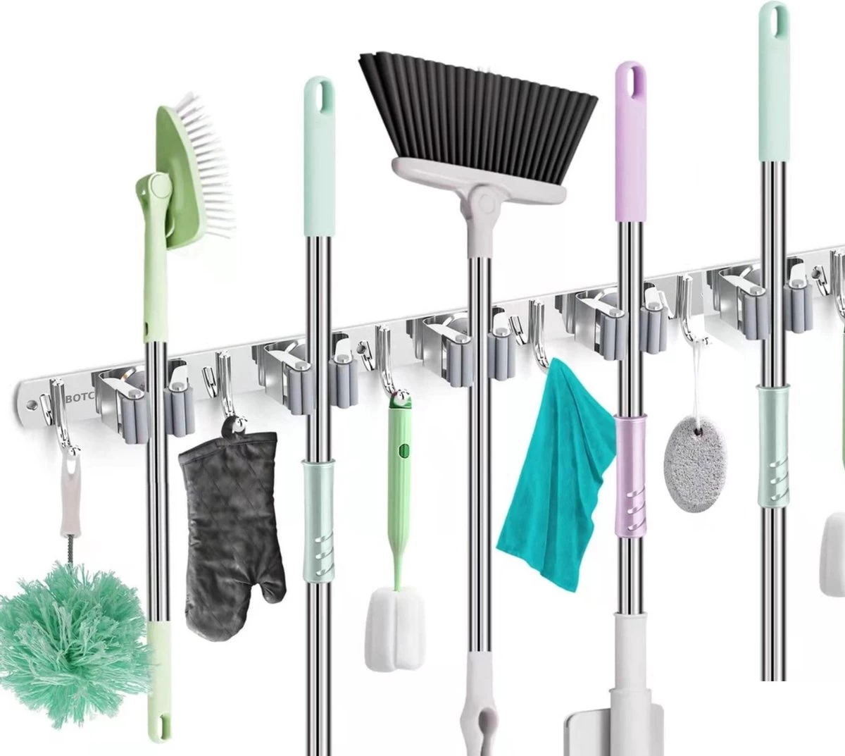 BOTC Bezemhouder - 5 Houders 6 Haken Bezem Ophangsysteem - Zeflklevend - Opbergsysteem - Ophanghaken - Tuingereedschap - Gereedschap Opbergen 3 BOTC Bezemhouder - 5 Houders 6 Haken Bezem Ophangsysteem - Zeflklevend - Opbergsysteem - Ophanghaken - Tuingereedschap - Gereedschap Opbergen