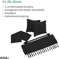 Vita5 XXL Hangstoel - Binnen&Buiten Hangnest - Incl. 2 Kussens En Boekenvak - Volwassenen&Kinderen - Hangmatstoel Tot 225kg - Zwart -Tuin Gerelateerd 1200x1194