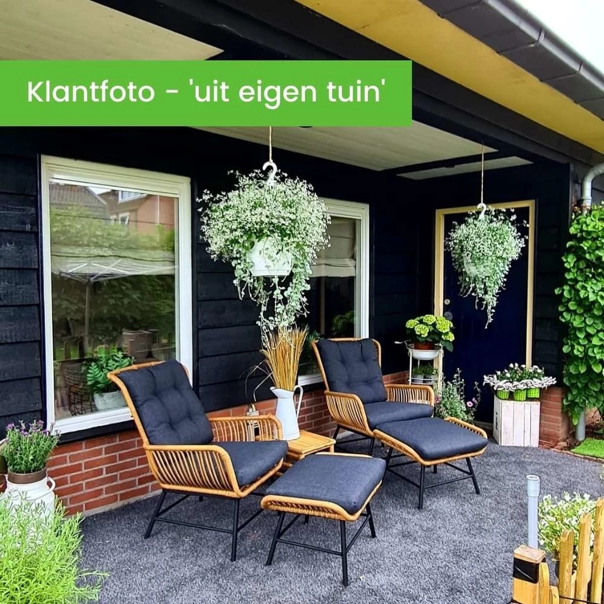 BUITEN Living Dex Wicker Loungestoel Tuin Incl. Wicker Voetenbank | Wicker + Aluminium | Bamboe Antraciet