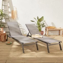 ELSA - Set Van 2 Ligstoelen Van Aluminium En Textileen, Ligbed Multipositioneel Met Wieltjes, Kleur Antraciet/donkergrijs