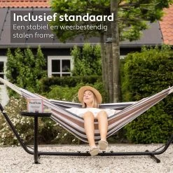 Vita5 Hangmat Met Standaard – 2 Persoons – Incl. Bekerhouder – 205kg Draaggewicht – Blauw/Wit/Bruin -Tuin Gerelateerd 1200x1200 420