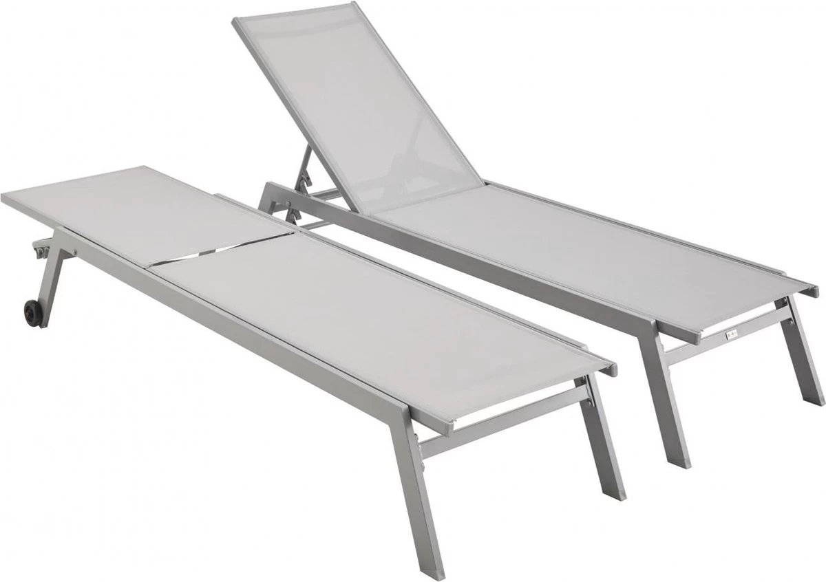 ELSA - Set Van 2 Ligstoelen Van Aluminium En Textileen, Ligbed Multipositioneel Met Wieltjes, Kleur Grijs/lichtgrijs 7 ELSA - Set Van 2 Ligstoelen Van Aluminium En Textileen, Ligbed Multipositioneel Met Wieltjes, Kleur Grijs/lichtgrijs - Afbeelding 5