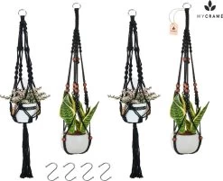 4 Stuks Zwarte Macrame Plantenhangers - Boho Handgeweven Katoen Hangpot Voor Binnen/Buiten - Hangende Bloempot Met Kralen - Macramé Touw/Koord Hangplant Houder - Bohemian Wandhanger Decoratie - Plant Hanger - Verticale Tuin Bloempothouder Planthanger