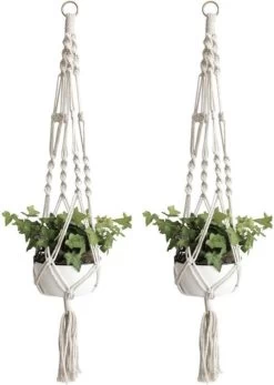 Merkloos Plantenhanger Macramé - Luxe Gevlochten Touw Katoen - 2 Stuks - Plantenpot Ophangen